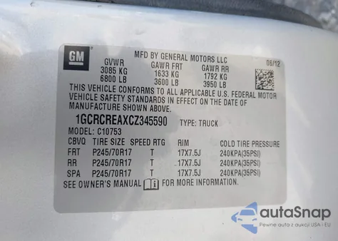 2012 Chevrolet Silverado 1500 Ls z USA, uszkodzony, nr VIN 1GCRCREAXCZ345590